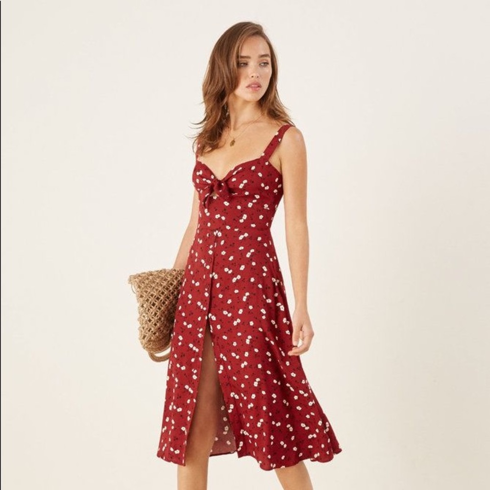 Reformation XS Red Floral Tie-Front Dress